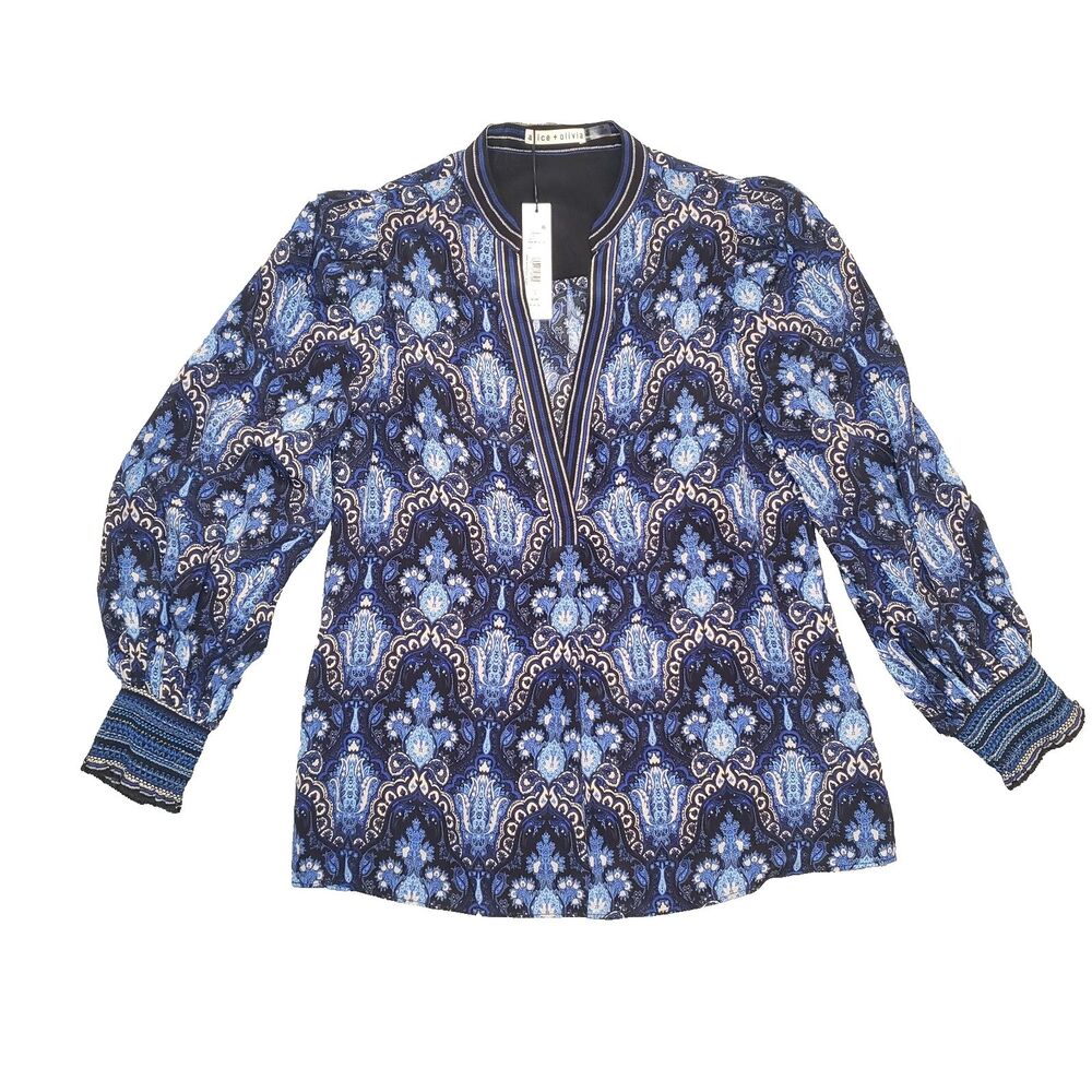 New! Alice + Olivia Silk Blouson Sleeve Blouse‎ Womens S Blue Urban Medallion